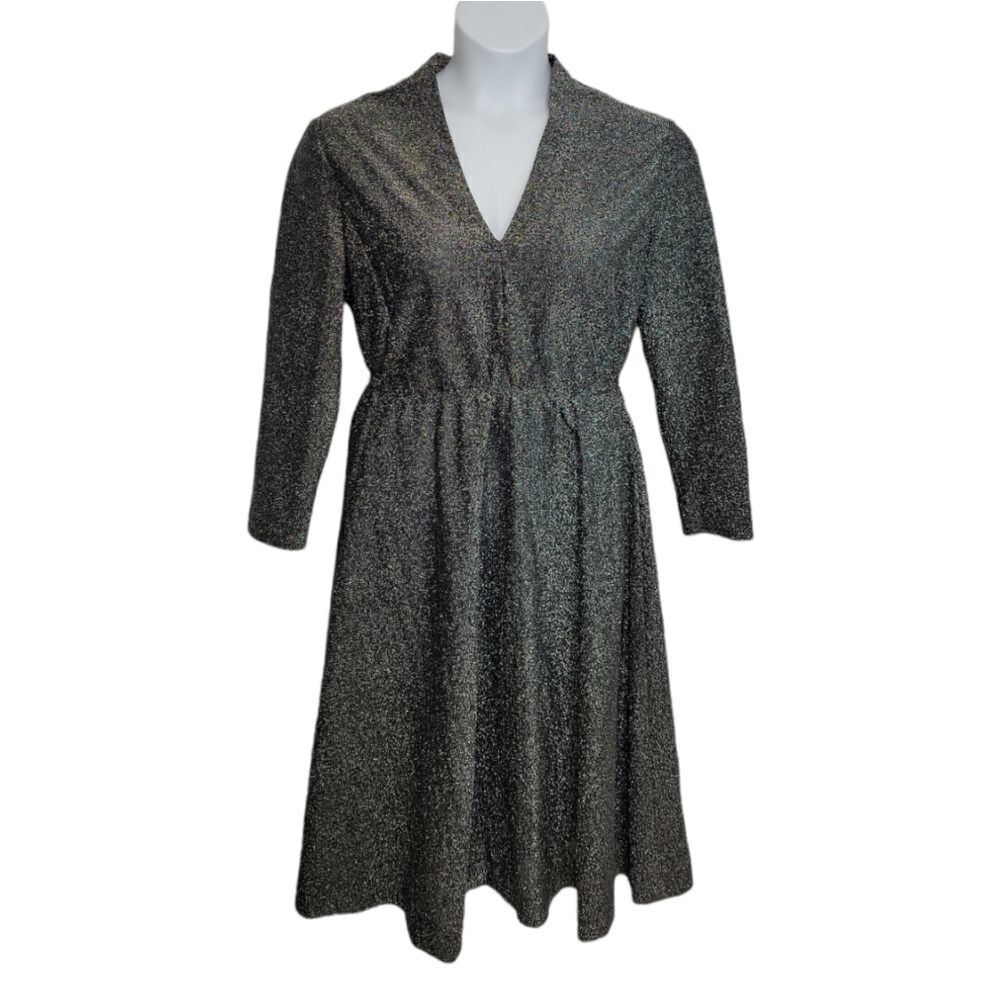 VINTAGE 70s dress silver‎ metallic glitter long sleeve v-neck M